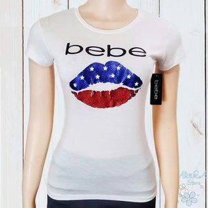 NWT BEBE AUTHENTIC JULY 4TH WOMEN'S WHITE CREW NECK SHORT SLEEVE T-SHIRT S L XL